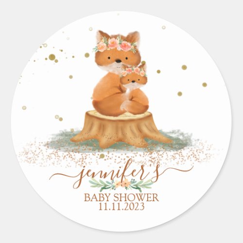 Animals Mom and Kid Fox Family Favor Classic Round Sticker