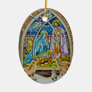 Animals & Nativity Stained Glass Watercolor Art  Ceramic Ornament
