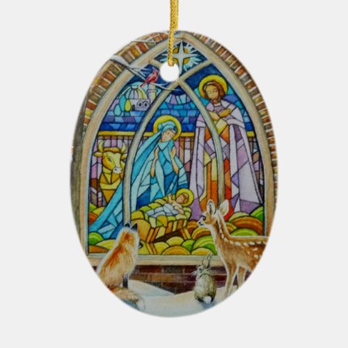 Animals  Nativity Stained Glass Watercolor Art  Ceramic Ornament