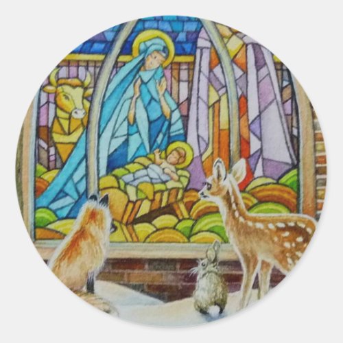Animals  Nativity Stained Glass Watercolor Art Classic Round Sticker