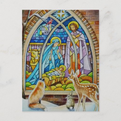 Animals  Nativity Stained Glass Watercolor Art Postcard