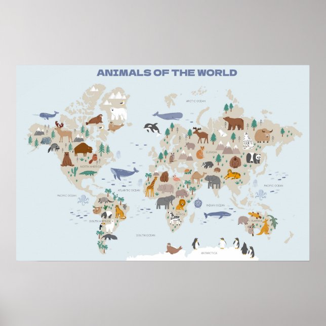 Animals of the World Map for Nursery or Kids' Room Poster (Front)