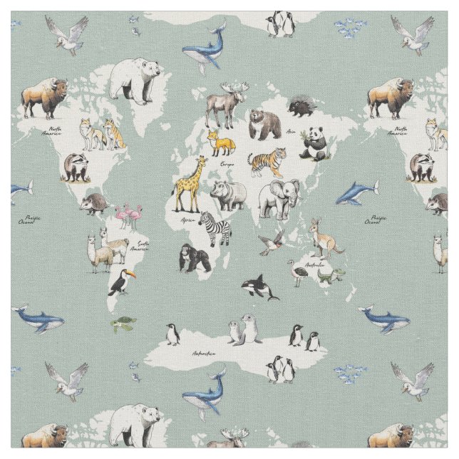 animals of the world nursery map - mint  fabric (Close Up)