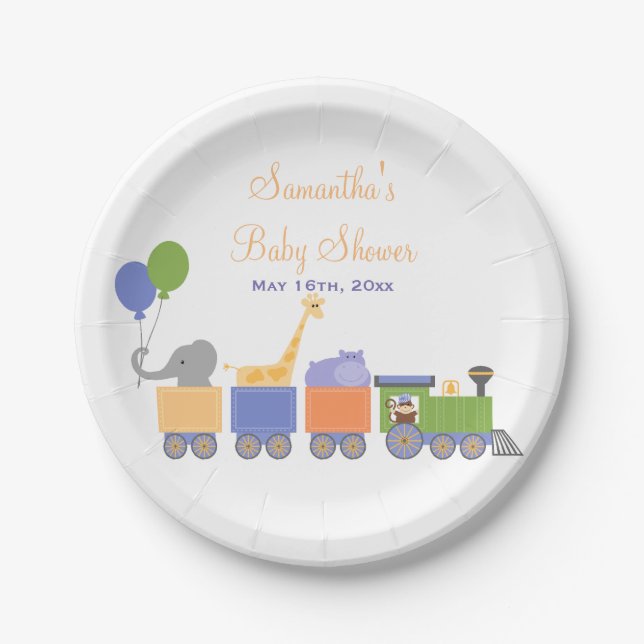Animals On A Train Baby Shower Paper Plates (Front)