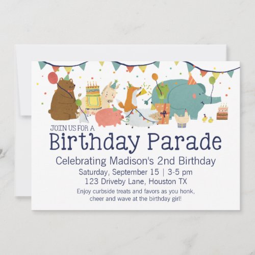 Animals on Parade Drive By Birthday Invitation