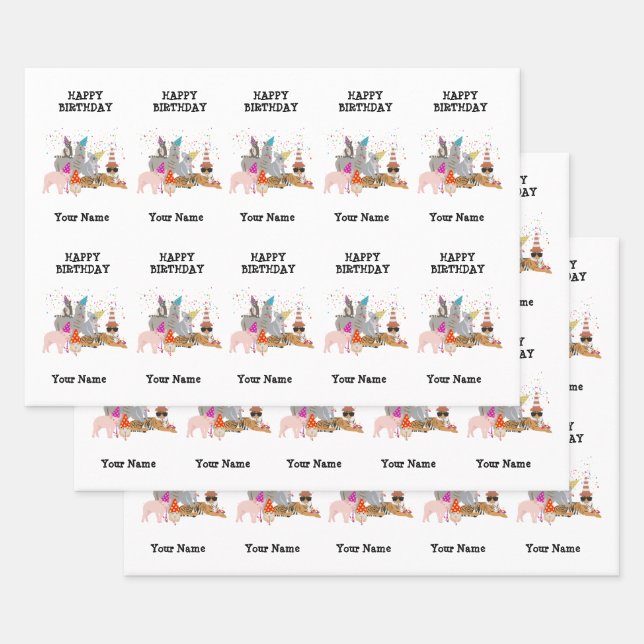Animals Partying - Animals at Birthday Party Name Wrapping Paper Sheets (Set)