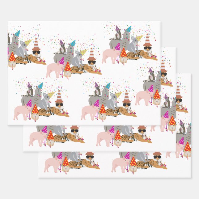 Animals Partying - Cute Animals Having a Party Wrapping Paper Sheets (Set)