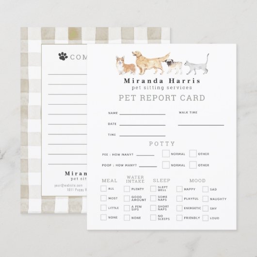 Animals Pet Sitter Dog Walker Pet Report Card (Front/Back)