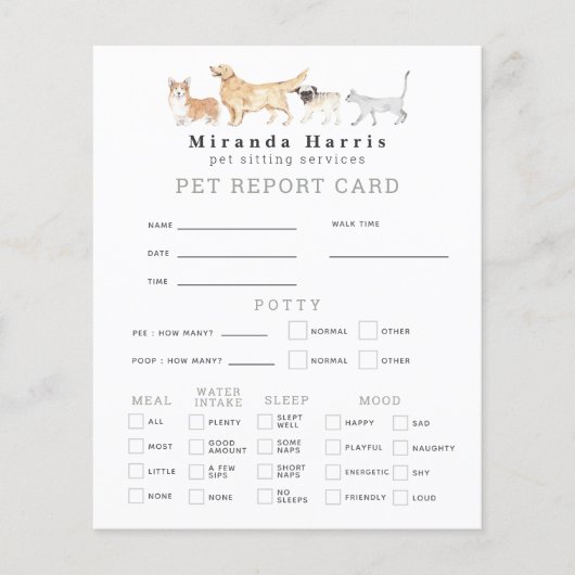Animals Pet Sitter Dog Walker Pet Report Card (Front)