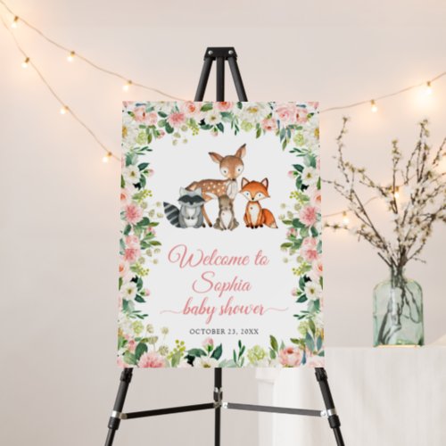  Animals  Pink Flowers Baby Shower Welcome Sign