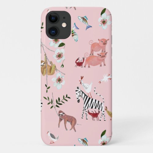 Animals Pink Sloths   Zebra Cute Pattern iPhone 11 Case