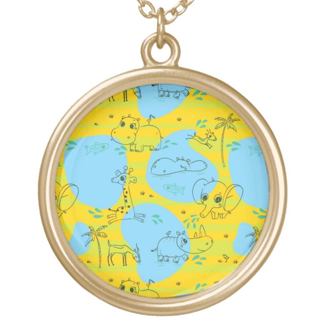 Animals playing baby pattern background gold plated necklace (Front)