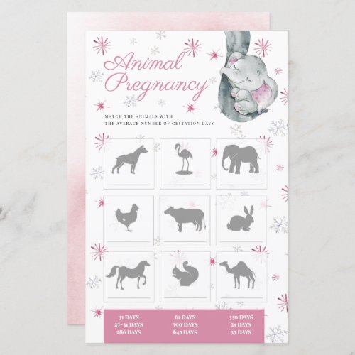 Animals Pregnancy Girl Baby Shower Game - 'Guess The Gestational Period Of Animals' Elephant Girl Pink Winter Baby Shower Game
Baby It's Cold Outside Themed Baby Shower. 
Pink Snowflake Elephant Winter Girl Baby Shower Game Card.
This watercolor baby shower game card features snowflakes with pink baby elephant and snowflakes. It is perfect for winter, rustic, holiday pink girl baby shower.
You can edit/personalize whole Template.
If you need any help or matching products, please contact me. I am happy to create the most beautiful personalized products for you!