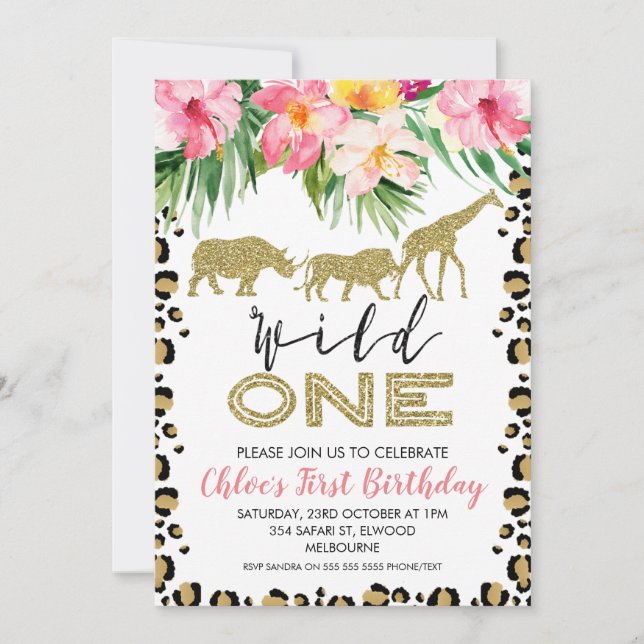 Animals Print Safari Wild One Birthday Invitation (Front)