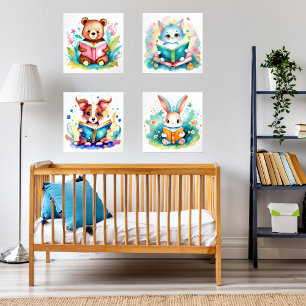 Animals reading books nursery art wall art sets