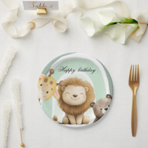 Animals & Sage Green Rainbow Birthday Paper Plate