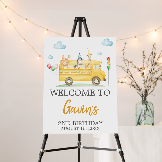 Animals School Bus Birthday Party Welcome Sign (In Situ (Stand))