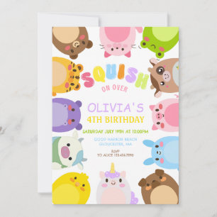 Animals Squish On Over rainbow Birthday party Invitation