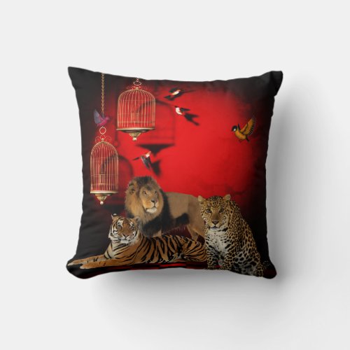 Animals Tiger Leopard Lion Birds Red Print Throw Pillow