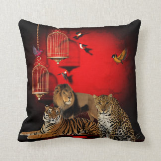 Animals Tiger Leopard Lion Birds Red Print Throw Pillow