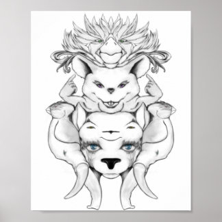 Animals totem black and white line art drawing poster