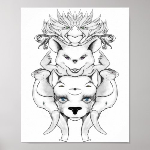 Animals totem black and white line art drawing poster