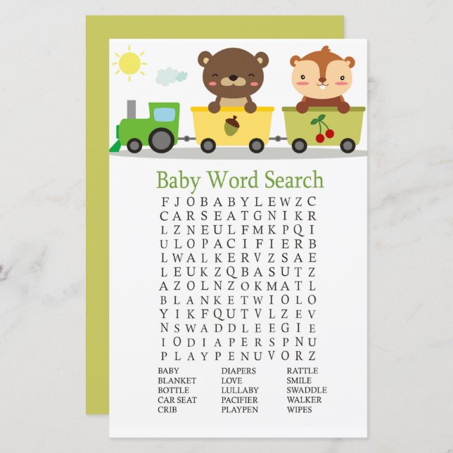 Animals train Baby Shower Word Search Game (Front/Back)