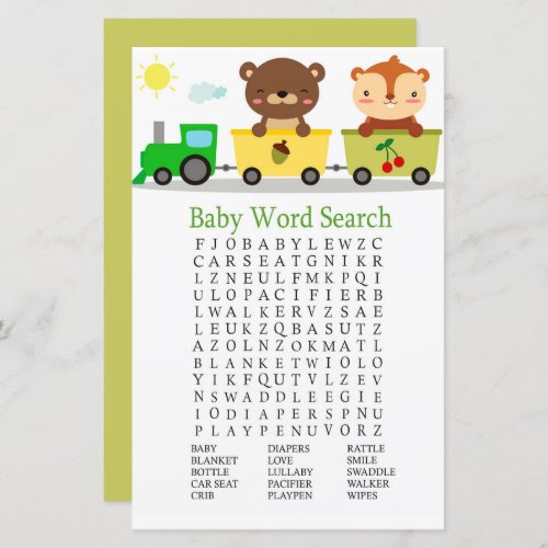 Animals train Baby Shower Word Search Game