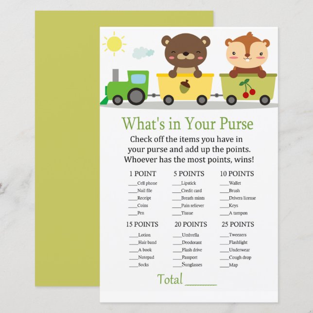 Animals train What's in your purse game baby showe (Front/Back)