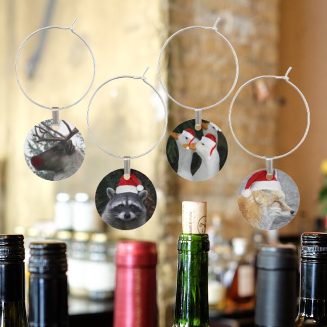 Animals Wearing Red Santa Hats Holiday Wine Charm (In Situ)