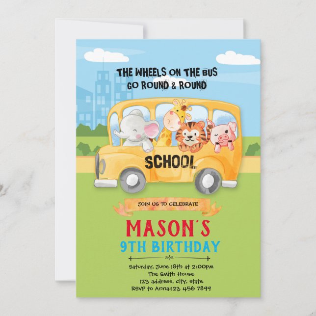 Animals wheel on bus invitation (Front)