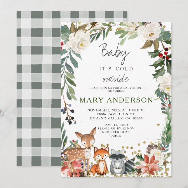 Animals Winter Forest Woodland Baby Shower Invitation (Front/Back)
