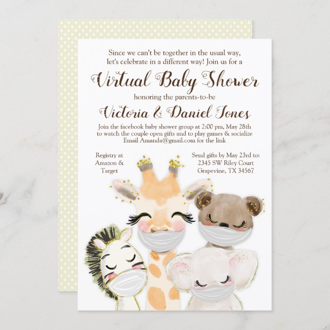 Animals with Masks Drive Through Covid Baby Shower Invitation (Front/Back)