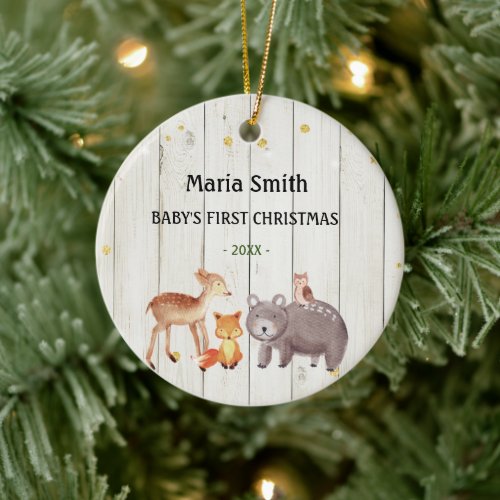 Animals Wood Vintage Babys First Christmas Ceramic Ornament