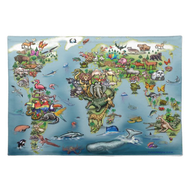 Animals World Map Cloth Placemat (Front)