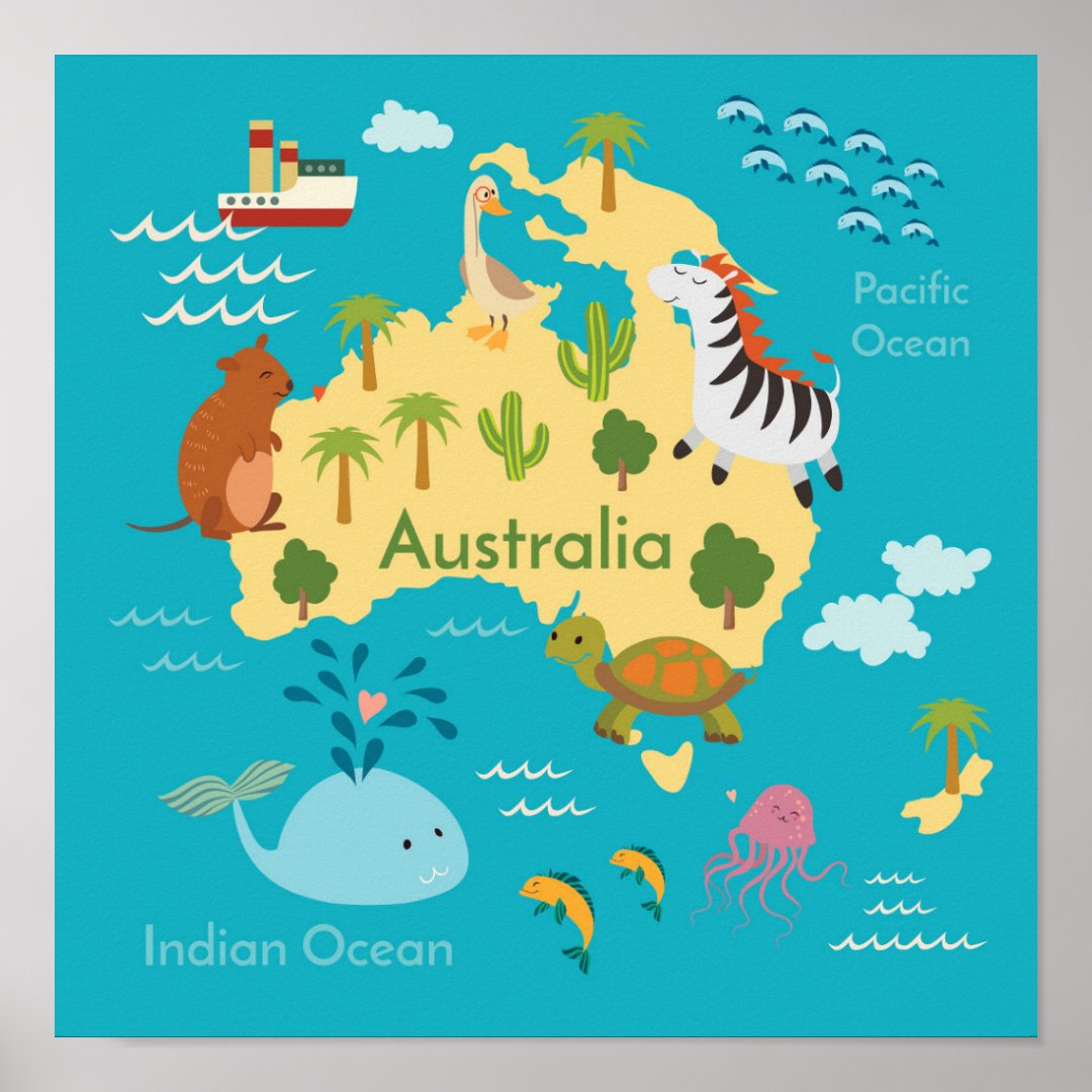 Animals World Map of Australia For Kids Poster | Zazzle