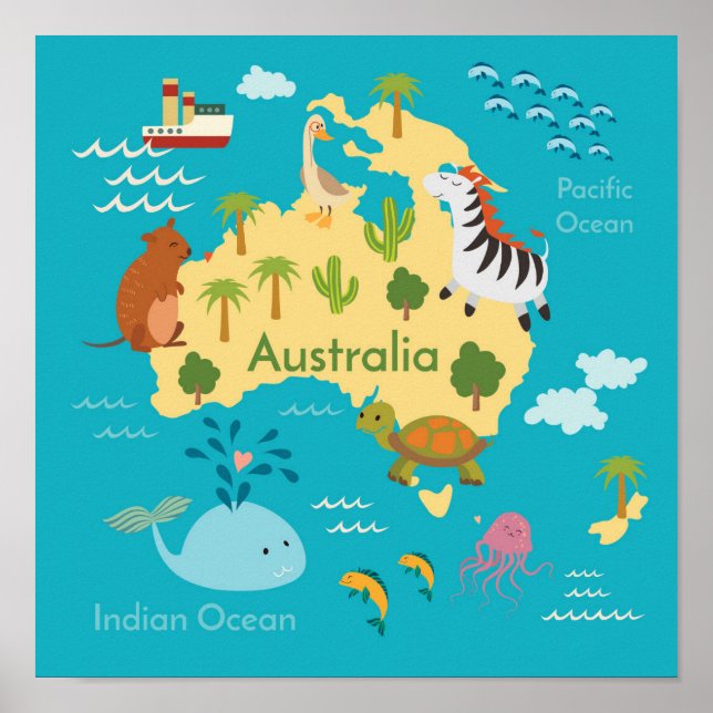 Animals World Map of Australia For Kids Poster (Front)