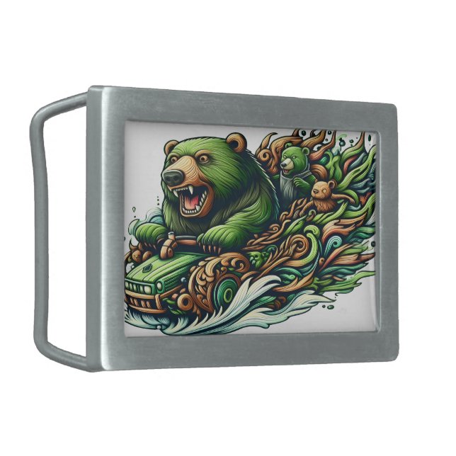 Animated Bears Riding a Green Car  Belt Buckle (Front Left)