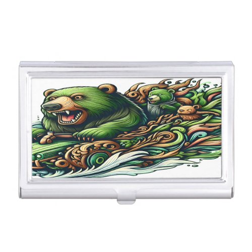 Animated Bears Riding a Green Car  Business Card Case