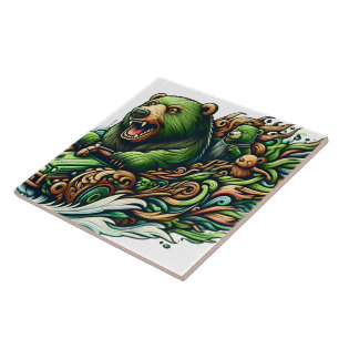 Animated Bears Riding a Green Car  Ceramic Tile