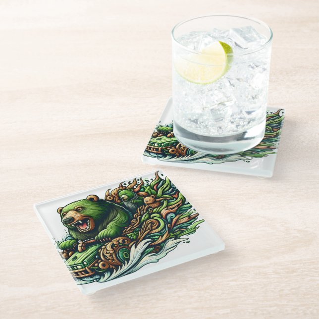 Animated Bears Riding a Green Car  Glass Coaster (Angled)