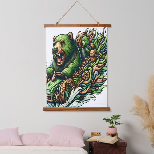 Animated Bears Riding a Green Car  Hanging Tapestry