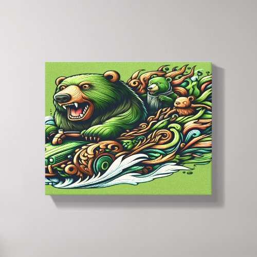 Animated Bears Riding a Green Car in a Vibra 12x16 Canvas Print