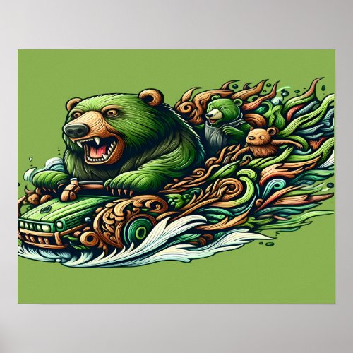 Animated Bears Riding a Green Car in a Vibra 12x16 Poster