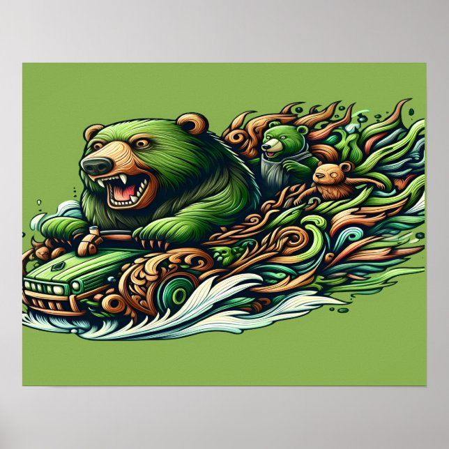 Animated Bears Riding a Green Car in a Vibra 12x16 Poster (Front)