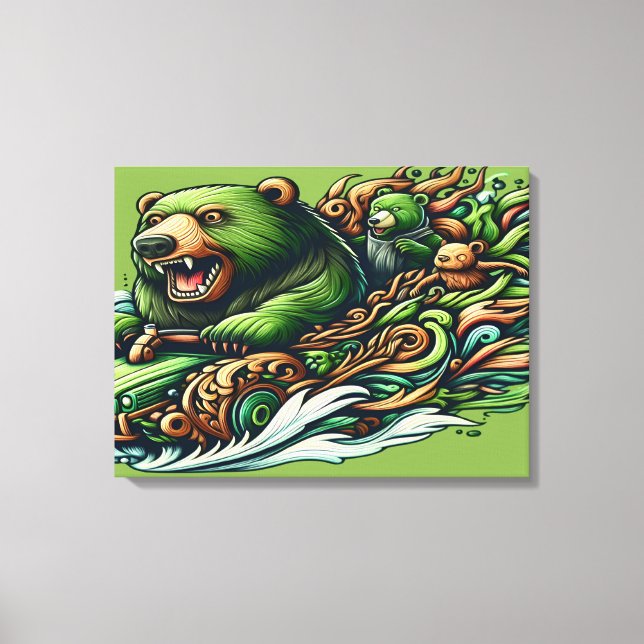 Animated Bears Riding a Green Car in a Vibra 16x20 Canvas Print (Front)