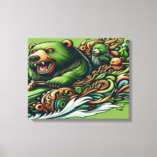 Animated Bears Riding a Green Car in a Vibra 18x24 Canvas Print