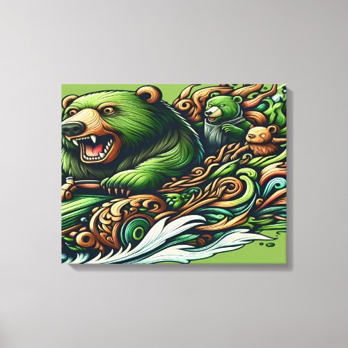 Animated Bears Riding a Green Car in a Vibra 18x24 Canvas Print