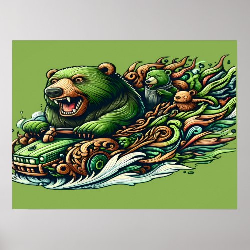 Animated Bears Riding a Green Car in a Vibra 18x24 Poster