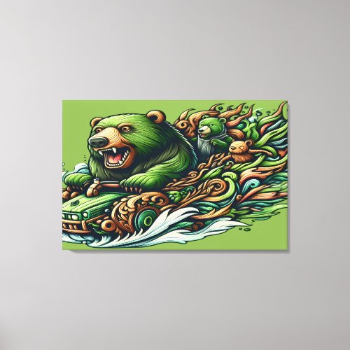 Animated Bears Riding a Green Car in a Vibrant Fan Canvas Print